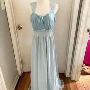 Vintage 60s baby Blue Chiffon Lace Trim gown, empire waist pegoir Romantic flow!